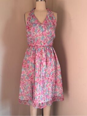Vintage Handmade Floral Halter Dress in Pink & Pastel Mix
